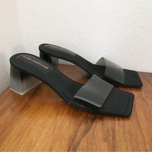 GOOD AMERICAN Black Side Sandal Two Tone Block Heel Square‎ Toe Satin Size 10 - Picture 3 of 8